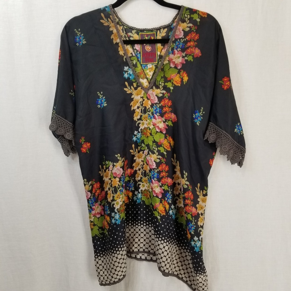 Johnny Was Dark Gray Silk Floral Tunic Sz M